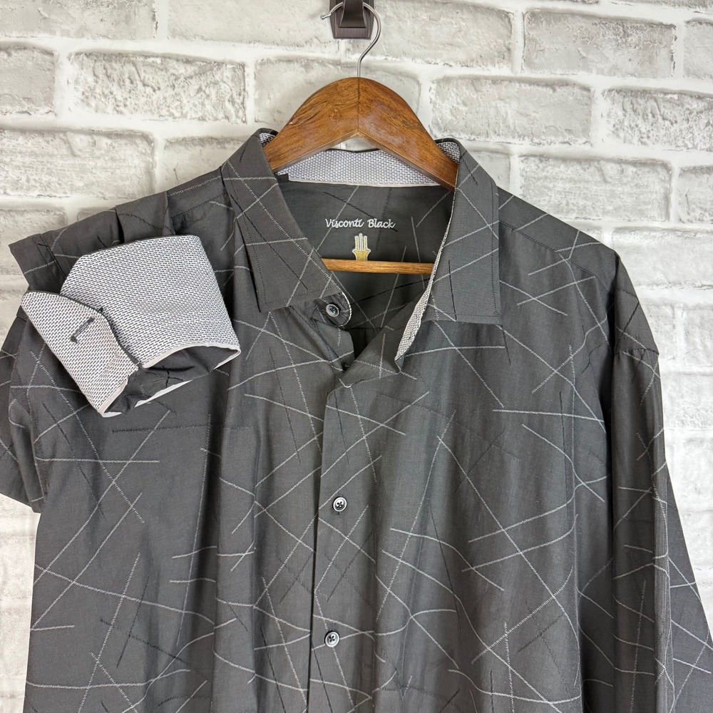 Luchiano Visconti Black Geometric Linear Print Button Down Shirt Mens 3XLB BIG